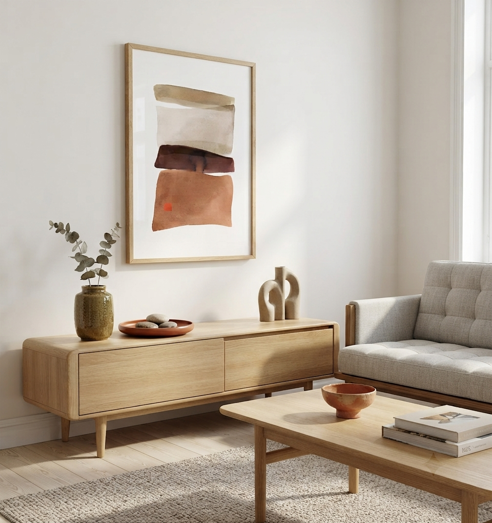 A styled living room scene featuring a light wood sideboard console, a matching coffee table, a light gray tufted sofa, and a large framed abstract art print on the wall.