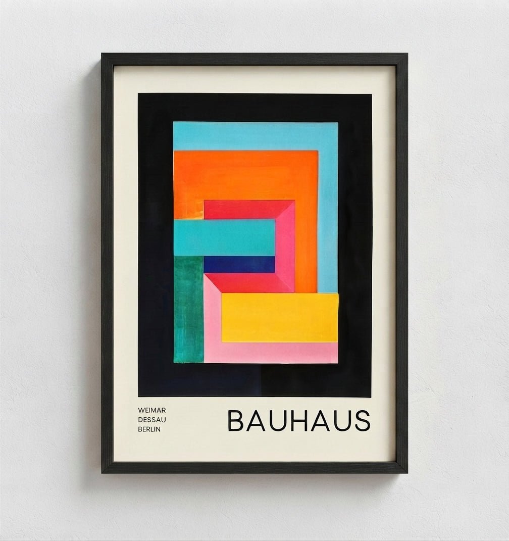 A framed Bauhaus art print featuring a colorful geometric abstract design on a black background, mounted on a cream mat with a light wood frame, shown hanging on a white wall.
