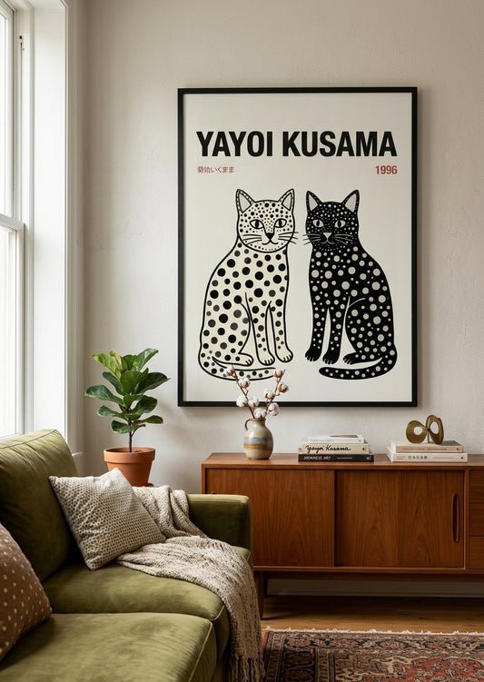 Polka dot cat art print Yayoi Kusama inspired wall decor PrintHaus modern living room art