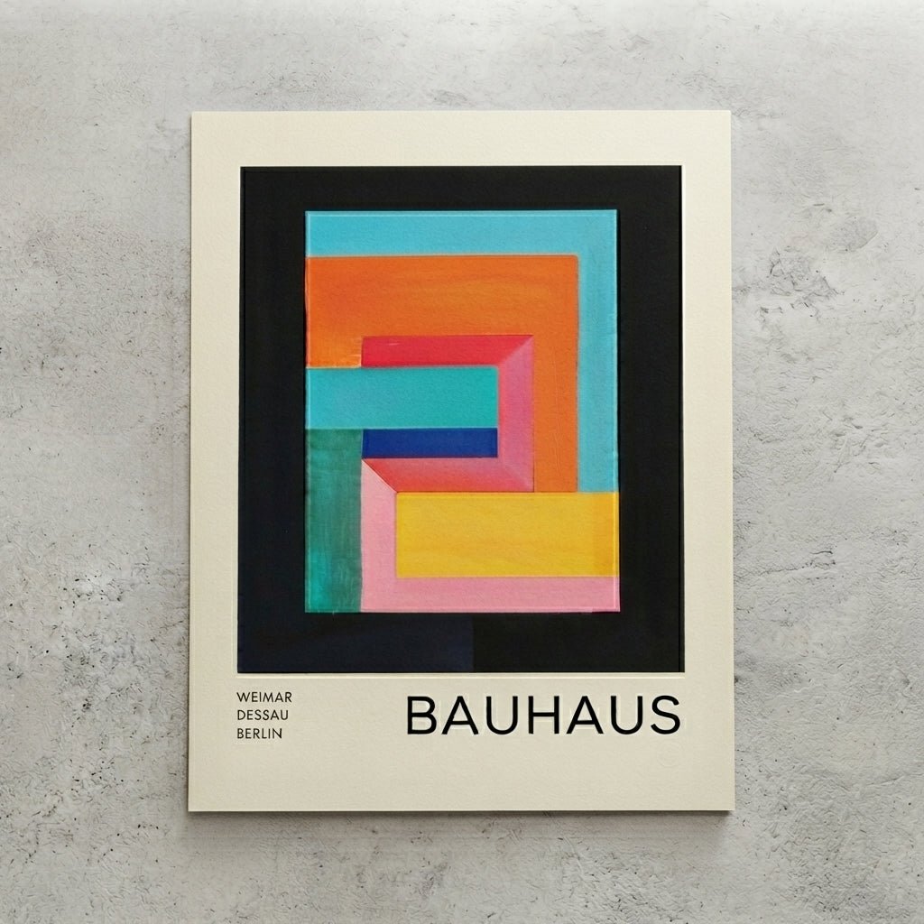 Unframed Bauhaus Geometric Abstract Art Print with colorful geometric design on a textured gray background