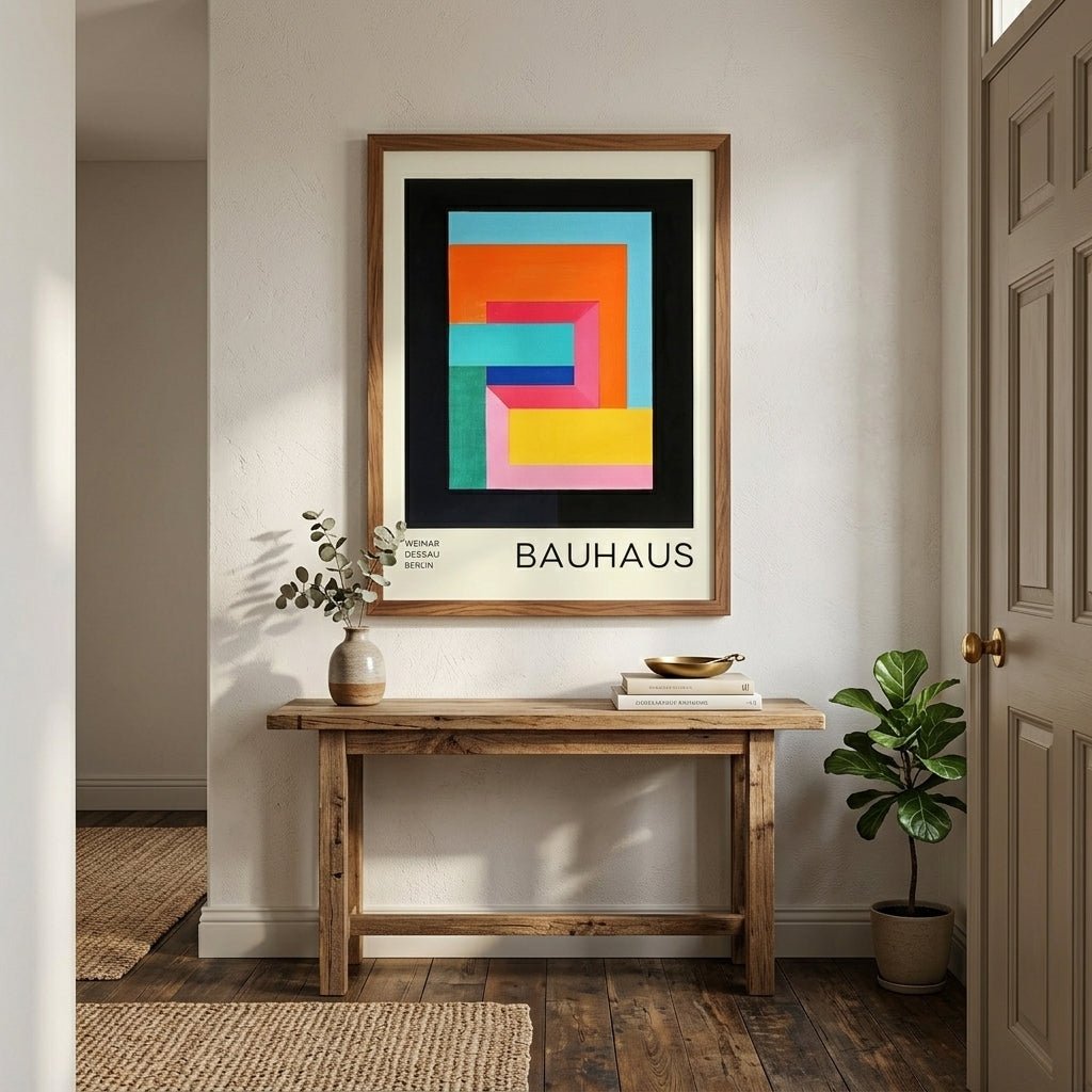 Framed Modern geometric block art inspired by the Bauhaus movement in Weimar Dessau Berlin by PrintHaus, on a wall above a wooden table with decor items.