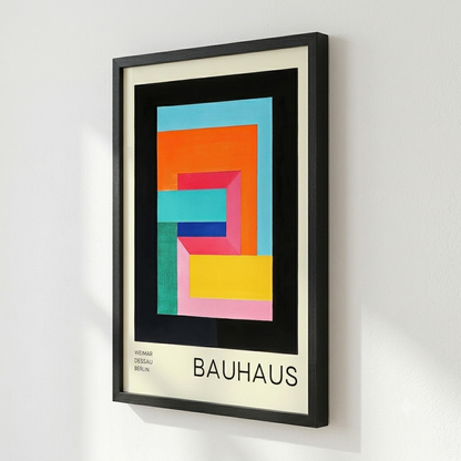 Framed Bauhaus Geometric Abstract Art Print with geometric shapes on a white wall
