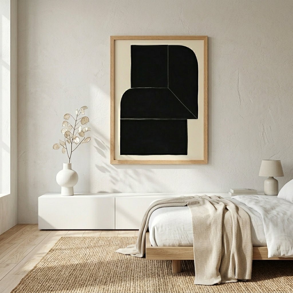 Framed artwork Black Minimalist Abstract Wall Art Print on a minimalist bedroom decor