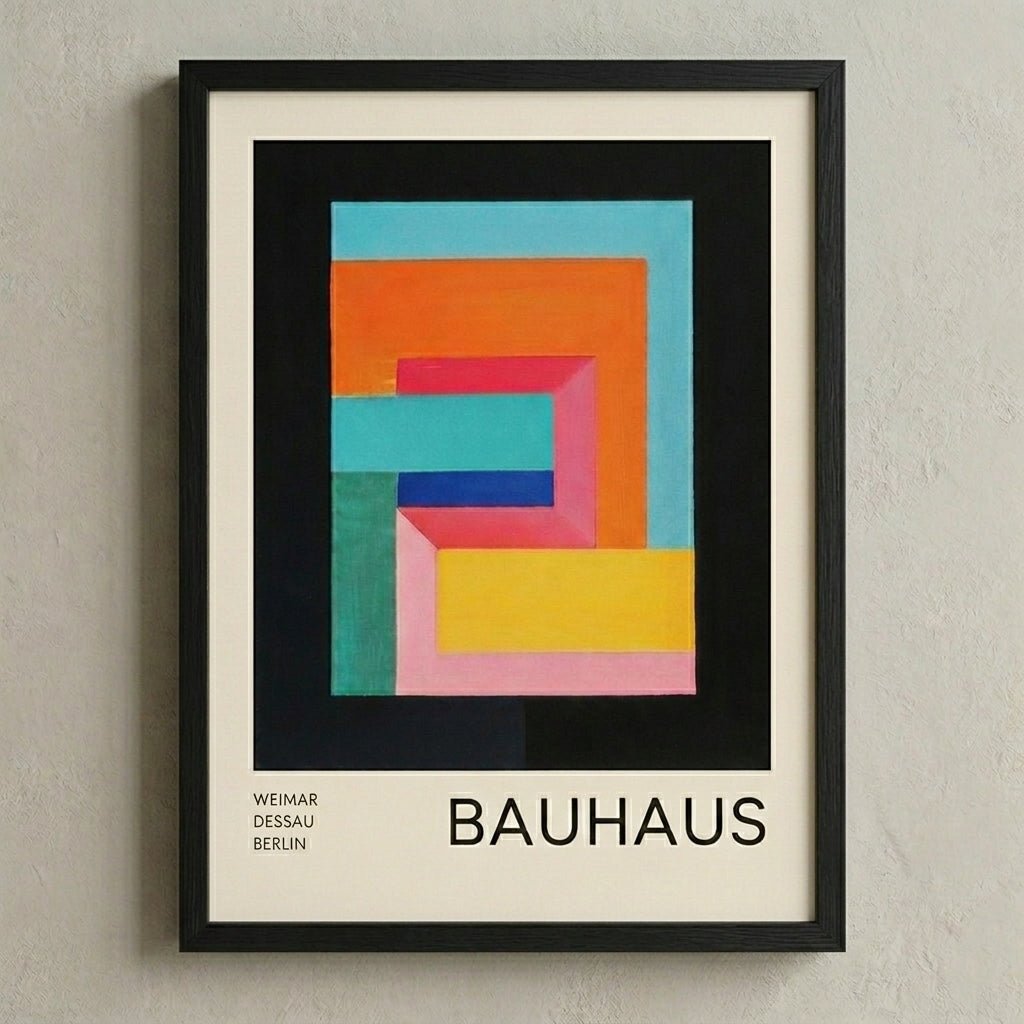 Black Framed Bauhaus Geometric Abstract Art Print with colorful geometric design on a beige wall.