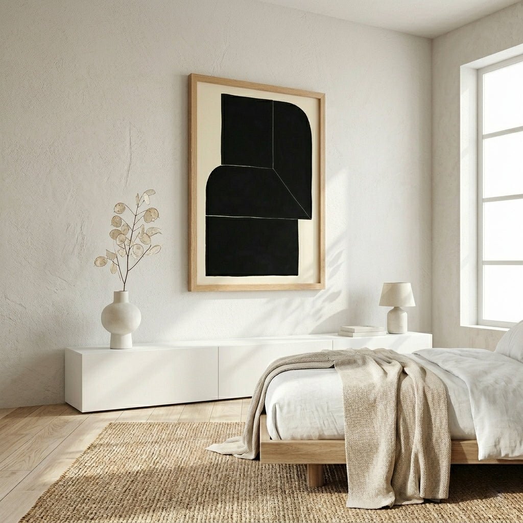Modern bedroom with a bed, side table, and Black Minimalist Abstract Wall Art Print