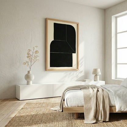 Modern bedroom with a bed, side table, and Black Minimalist Abstract Wall Art Print