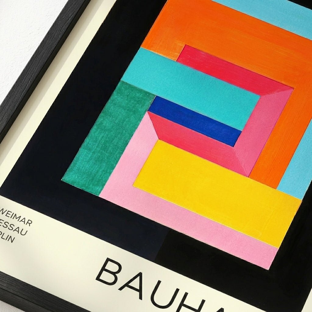 Framed  Bauhaus Geometric Abstract Art Print with geometric shapes in primary colors on a black background