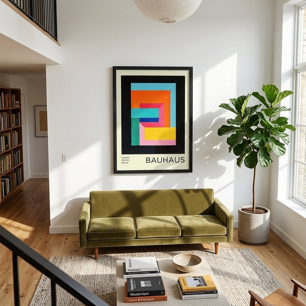 Modern living room with a green sofa, a framed Bauhaus graphic design print for contemporary home decor and office walls by PrintHaus