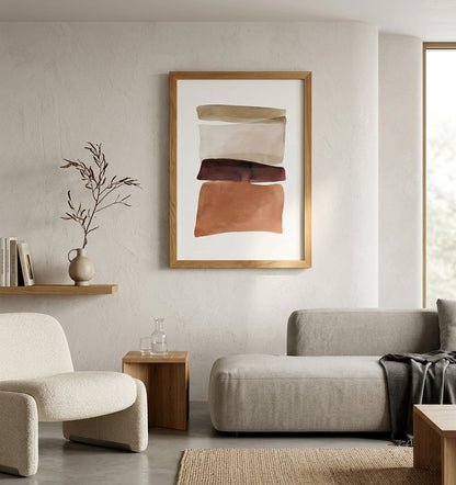 Modern living room with a gray sofa, armchair, and  Abstract Wall Art Print in Neutral Tones