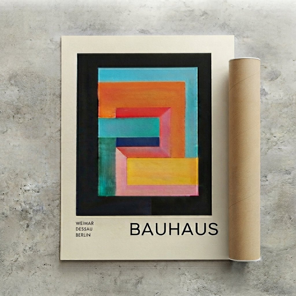 Rolled-up Bauhaus Geometric Abstract Art Print on a textured surface