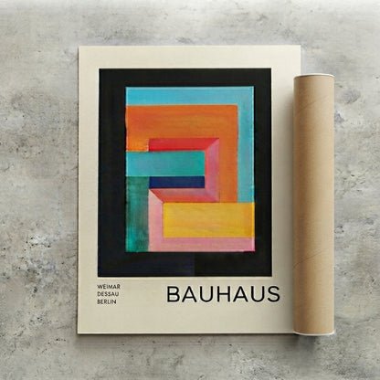 Rolled-up Bauhaus Geometric Abstract Art Print on a textured surface