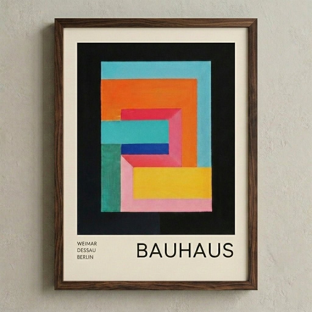Framed Bauhaus Geometric Abstract Art Print with geometric design on a wall