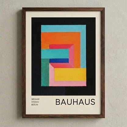 Framed Bauhaus Geometric Abstract Art Print with geometric design on a wall