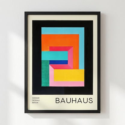 Framed Bauhaus Geometric Abstract Art Print with colorful geometric design on a light gray background
