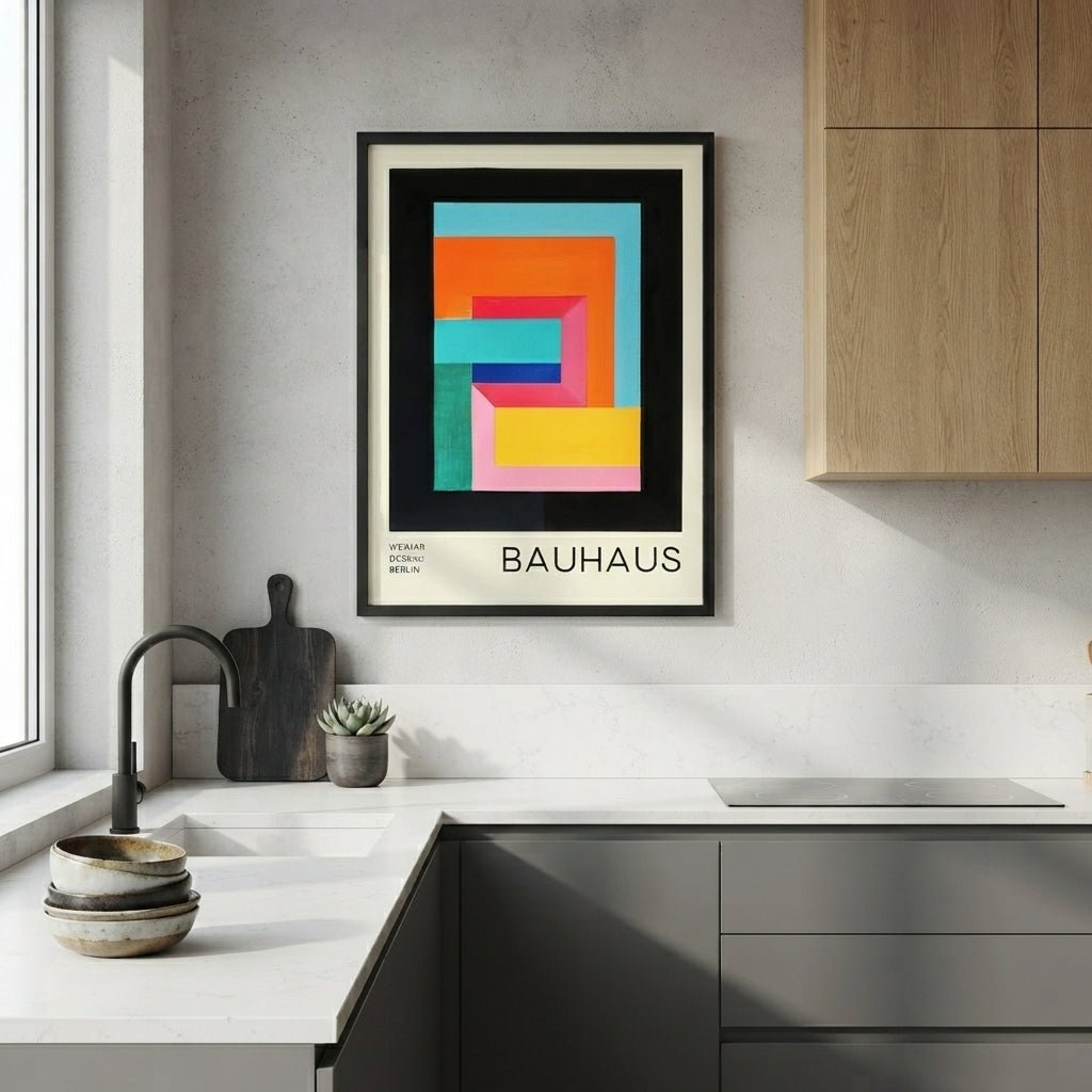 Framed Colorful Bauhaus exhibition print with typography and modernist design elements by PrintHaus in a modern kitchen with wooden cabinets and white countertops.
