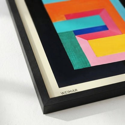 Framed Bauhaus Geometric Abstract Art Print with colorful geometric design on a white background
