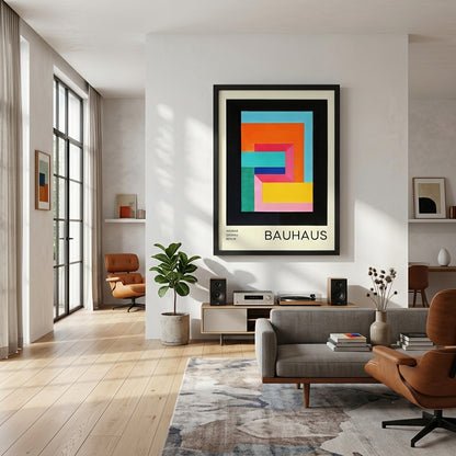 Modern living room with a Mid-century modern Bauhaus art poster with abstract geometric shapes by PrintHaus on the wall.