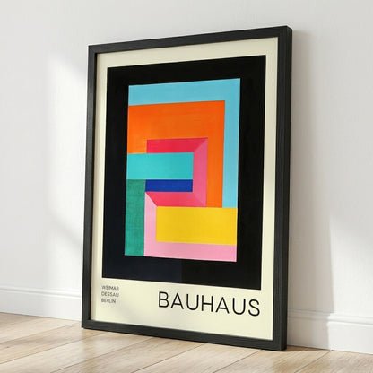 Framed Bauhaus Geometric Abstract Art Print on a white wall.
