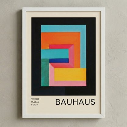 White Framed Bauhaus Geometric Abstract Art Printwith colorful geometric design on a beige wall