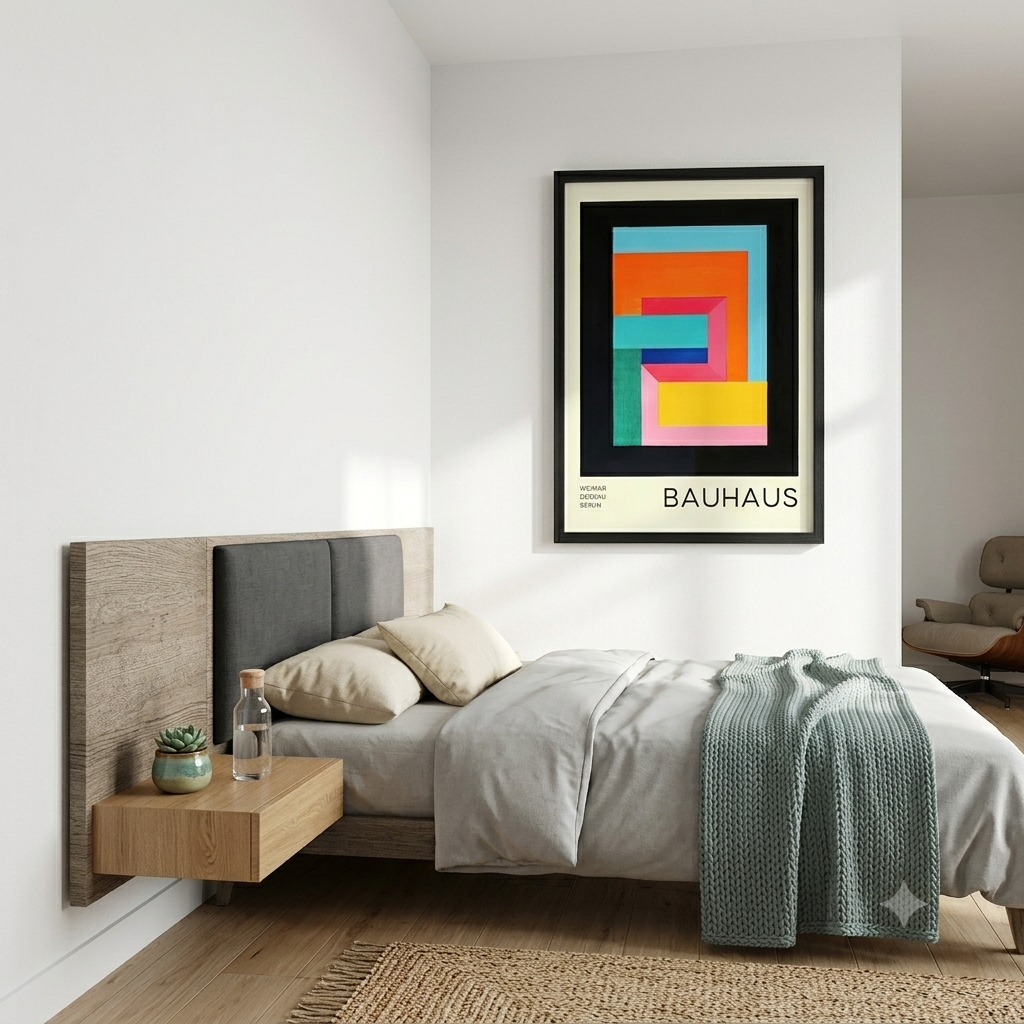 Modern bedroom with a bed, nightstand, and Bauhaus Geometric Abstract Art Print Poster by PrintHaus