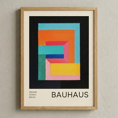 Framed Bauhaus Geometric Abstract Art Print with colorful geometric design on a beige wall