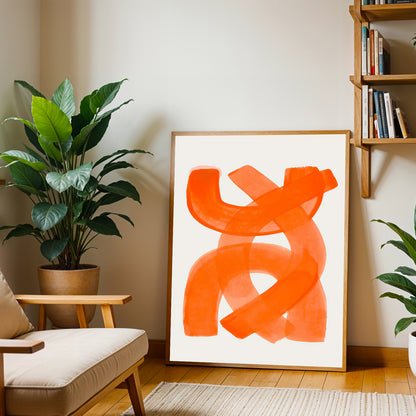 Living room with abstract orange artwork on a white wall, plant, and bookshelf.