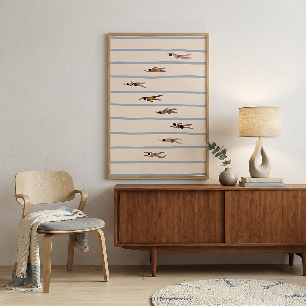 A framed Minimalist Swimming Pool Art Print in a black framed abstract swimmers print style, featuring stylized flying birds on horizontal blue stripes, displayed above a mid-century modern wooden sideboard in a styled room with a chair, lamp, and small vase.