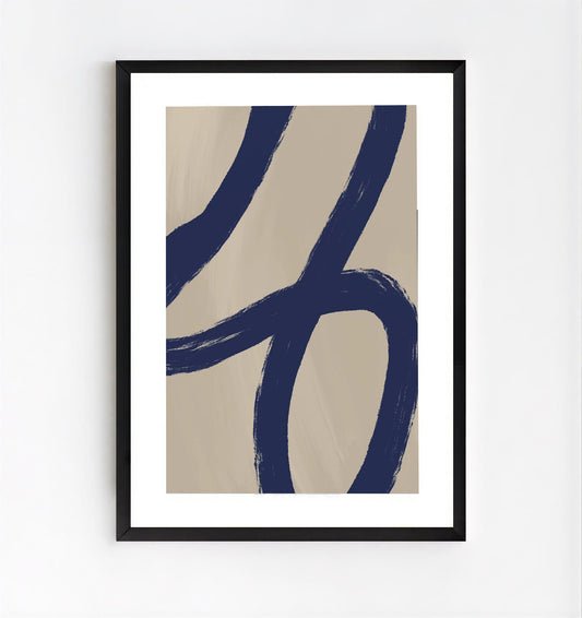 Framed Minimalist abstract navy blue wall art print with blue brush strokes on beige background