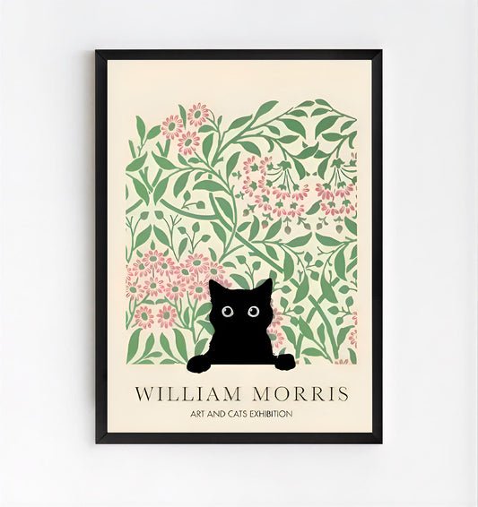 Framed artwork with a black cat and floral design, featuring William Morris branding. William Morris Black Cat Print