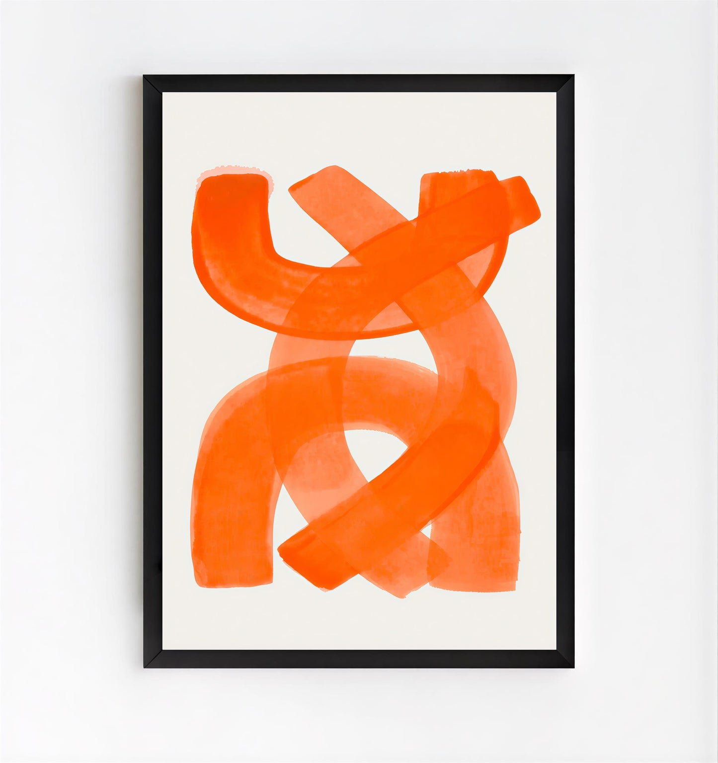 Framed abstract artwork with orange shapes on a white background