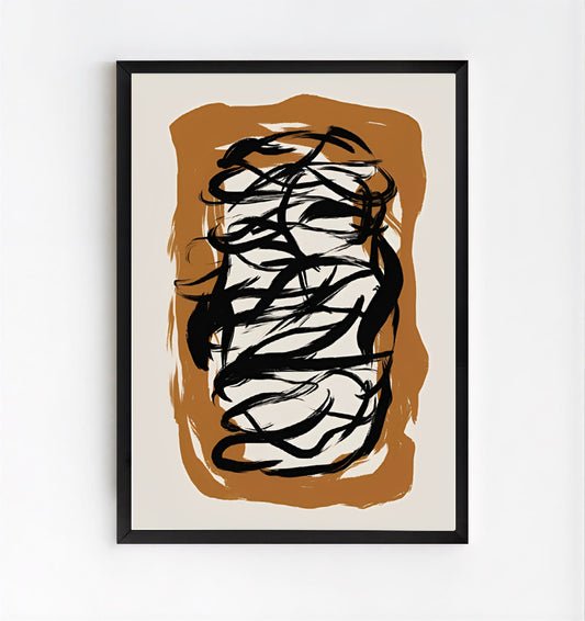 Framed Black Abstract Brush Stroke Wall Art Print design on a beige background