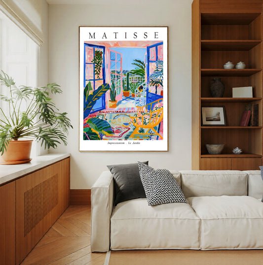 Framed Colorful Matisse style balcony wall art for modern living room and gallery wall decor