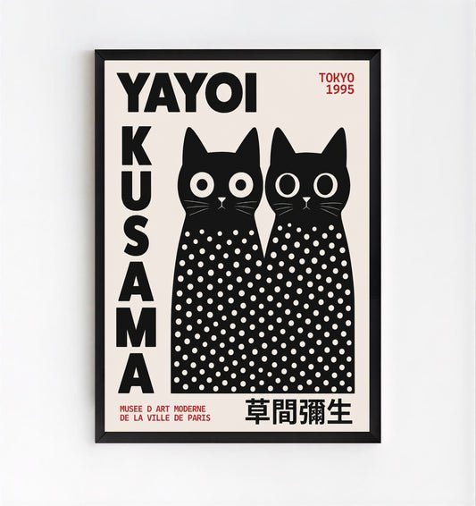 Poster featuring black cats with white polka dots and Yayoi Kusama. Yayoi Kusama Inspired Black Cat Poster