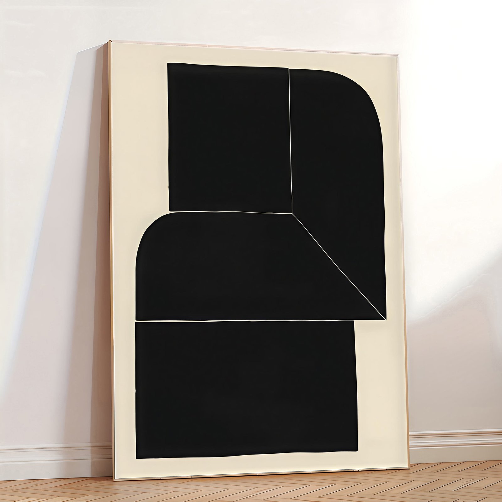 Abstract art piece with black shapes on a beige background