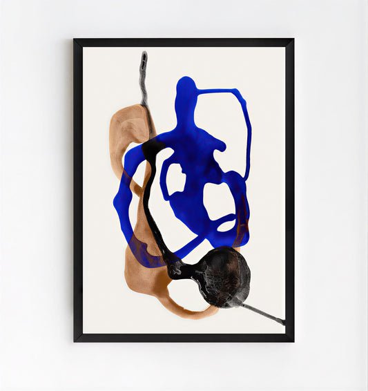 Abstract art print with blue and black shapes on a beige background