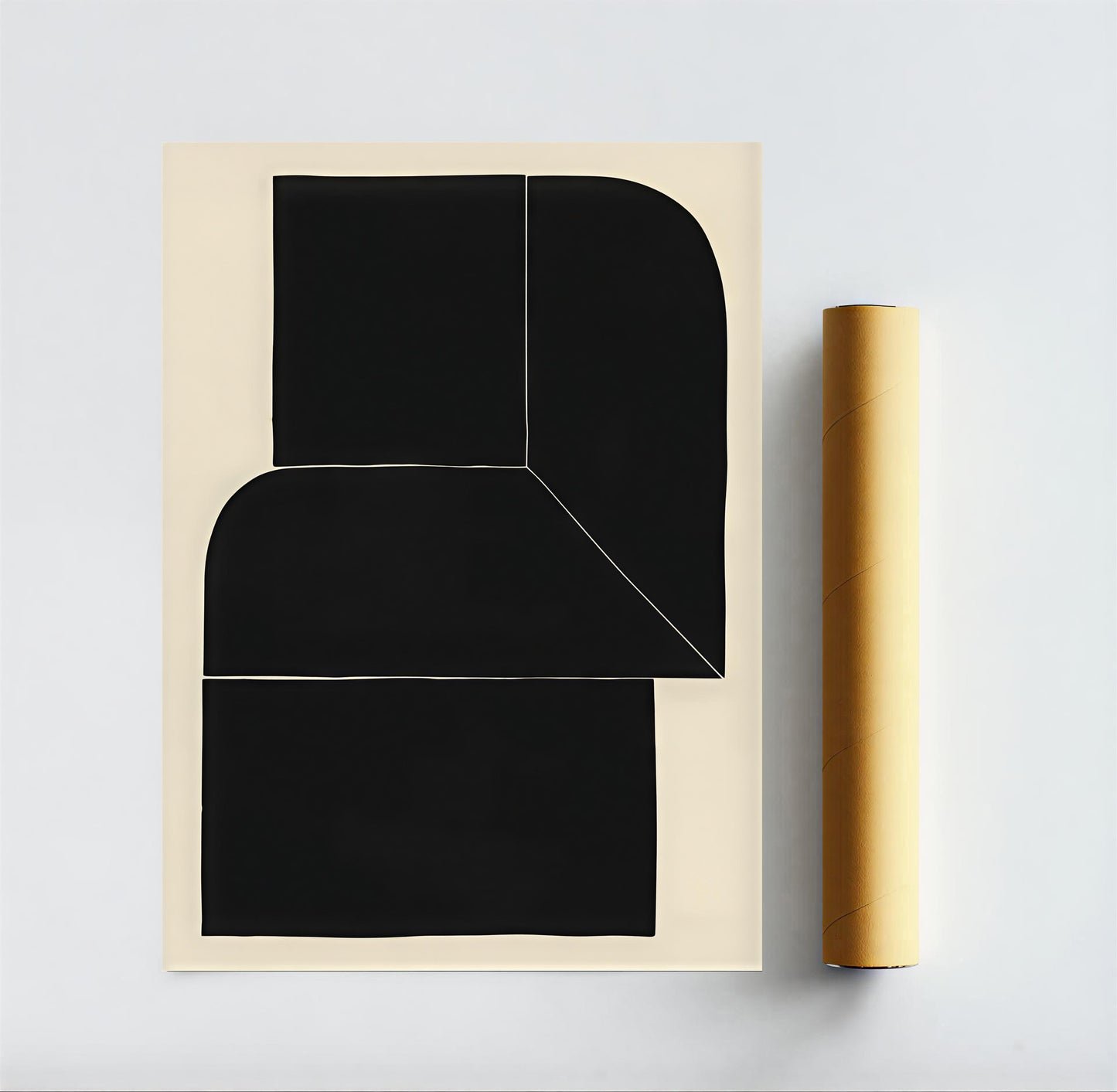 Black abstract art piece on a beige background with a roll of black paper next to it.